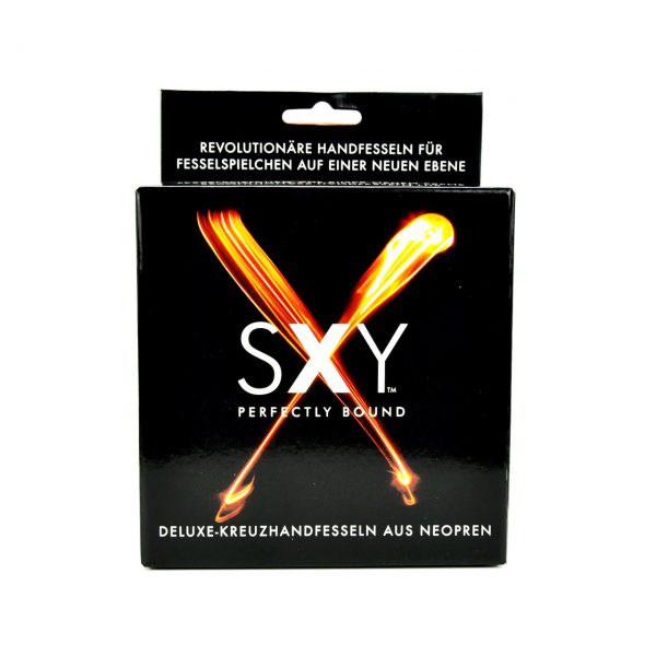 SXY deluxe neoprene cross cuffs in package from sex shop online