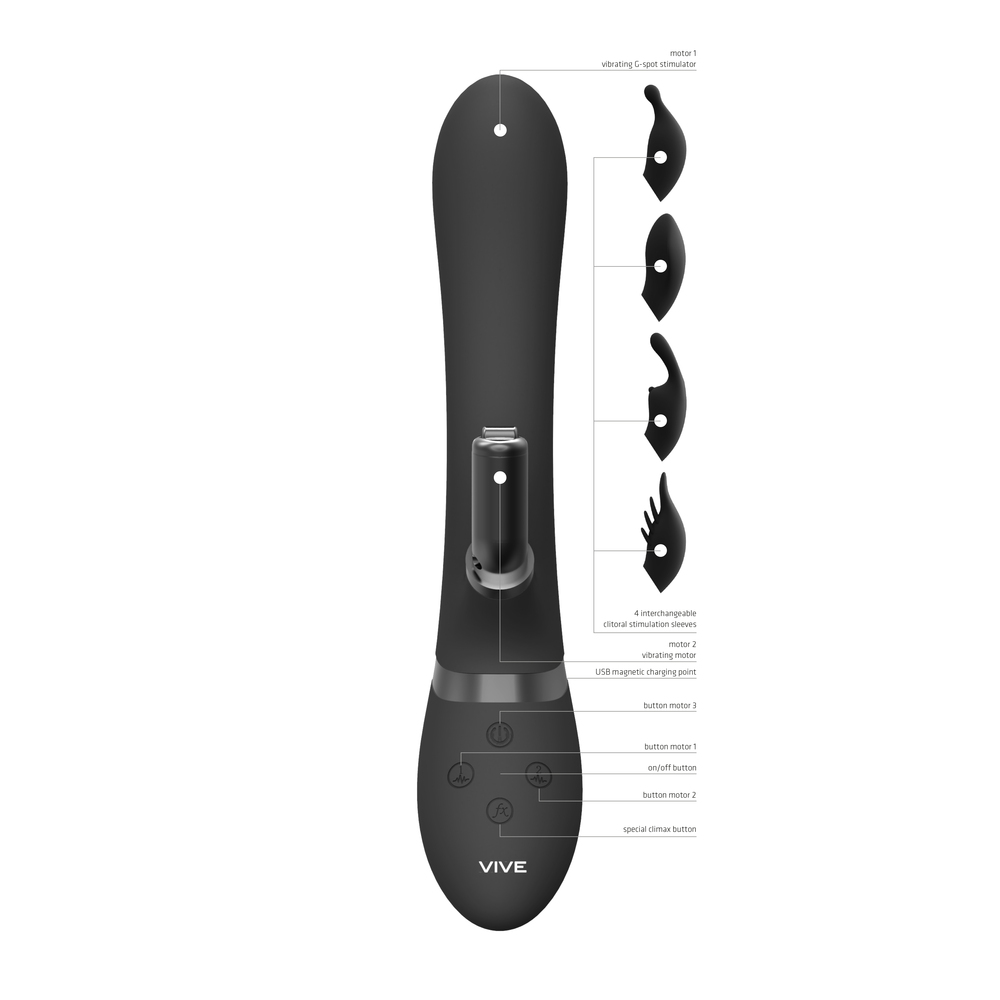 Vive Chou Double Action Interchangeable Rabbit Vibrator Black - Image 2
