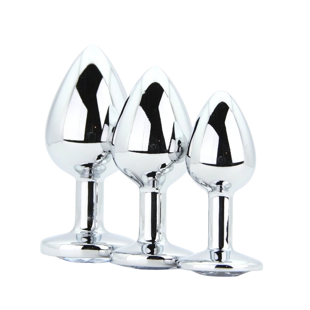 Toosh Metal Butt Plug Silver Set of 3 Clear Stone - Image 2