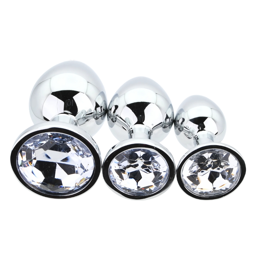 Toosh Metal Butt Plug Silver Set of 3 Clear Stone - Image 3