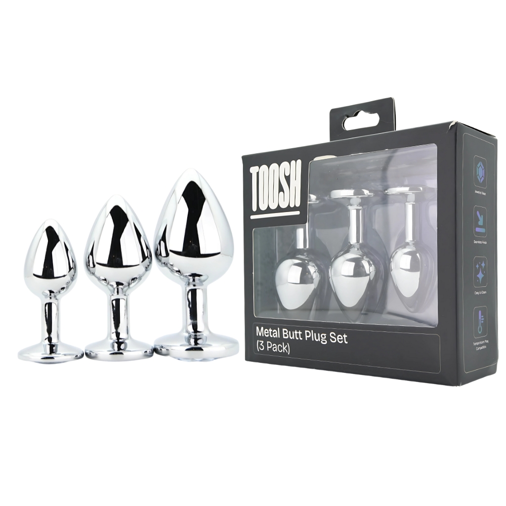 Toosh Metal Butt Plug Silver Set of 3 Clear Stone - Image 12