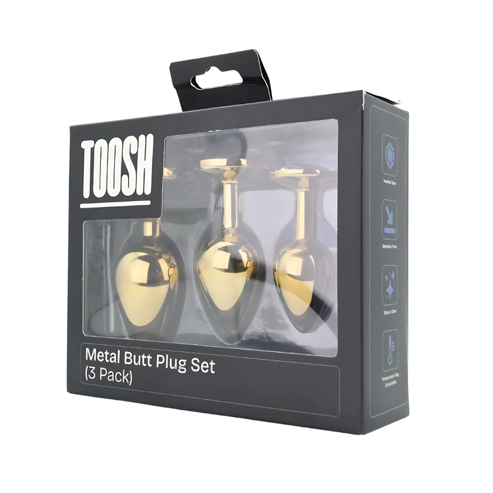 Toosh Metal Butt Plug Gold Set of 3 Clear Stone - Image 10