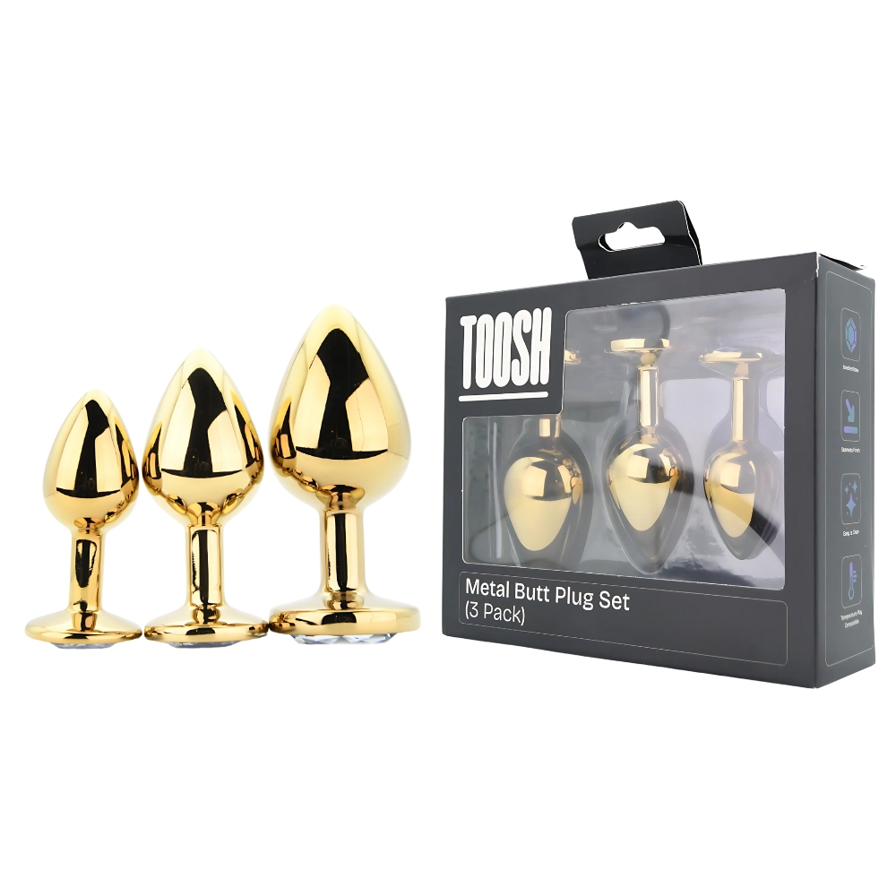 Toosh Metal Butt Plug Gold Set of 3 Clear Stone - Image 11
