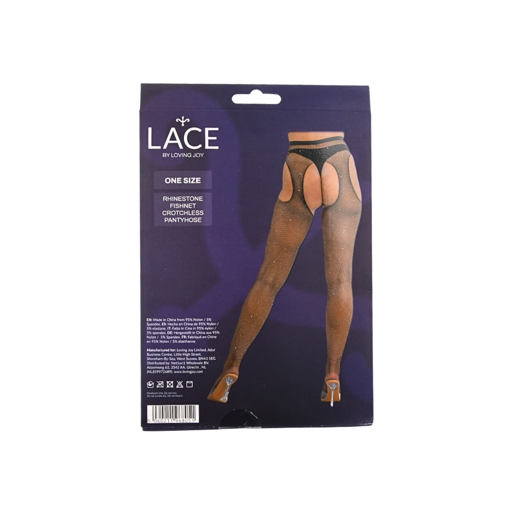 Lace by LJ Rhinestone Fishnet Crotchless Pantyhose Black - Image 5