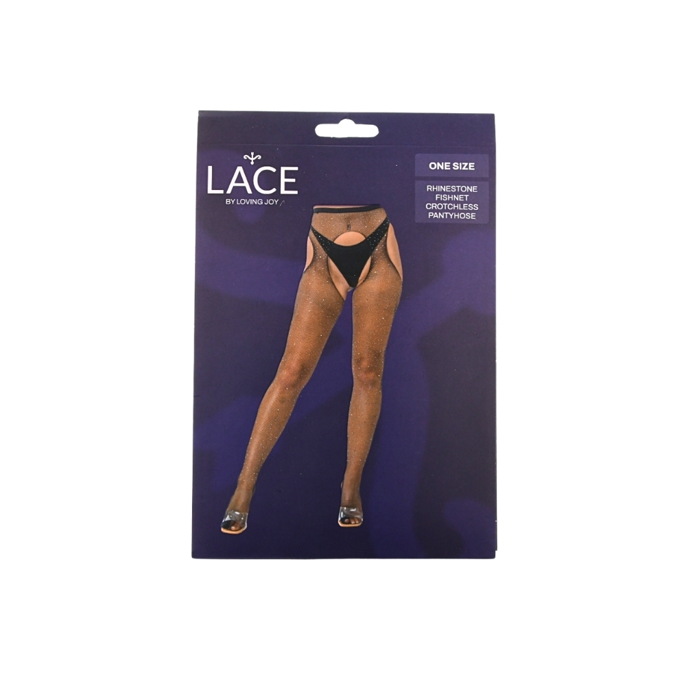 Lace by LJ Rhinestone Fishnet Crotchless Pantyhose Black - Image 4