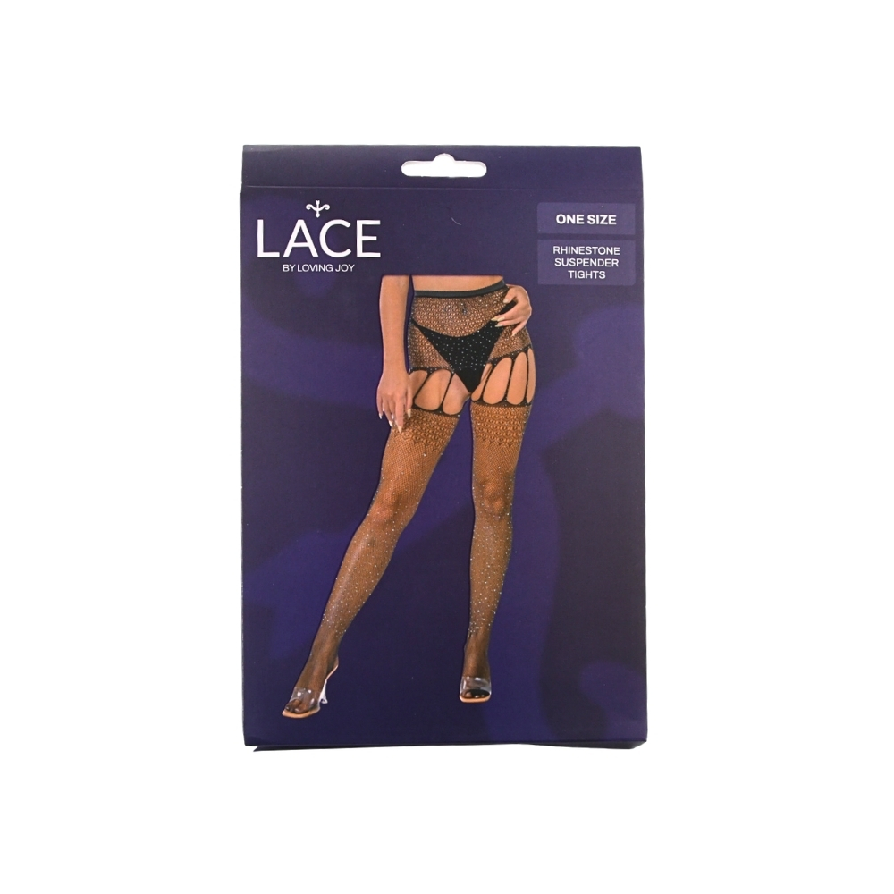 Lace by LJ Rhinestone Suspender Tights Black - Image 4