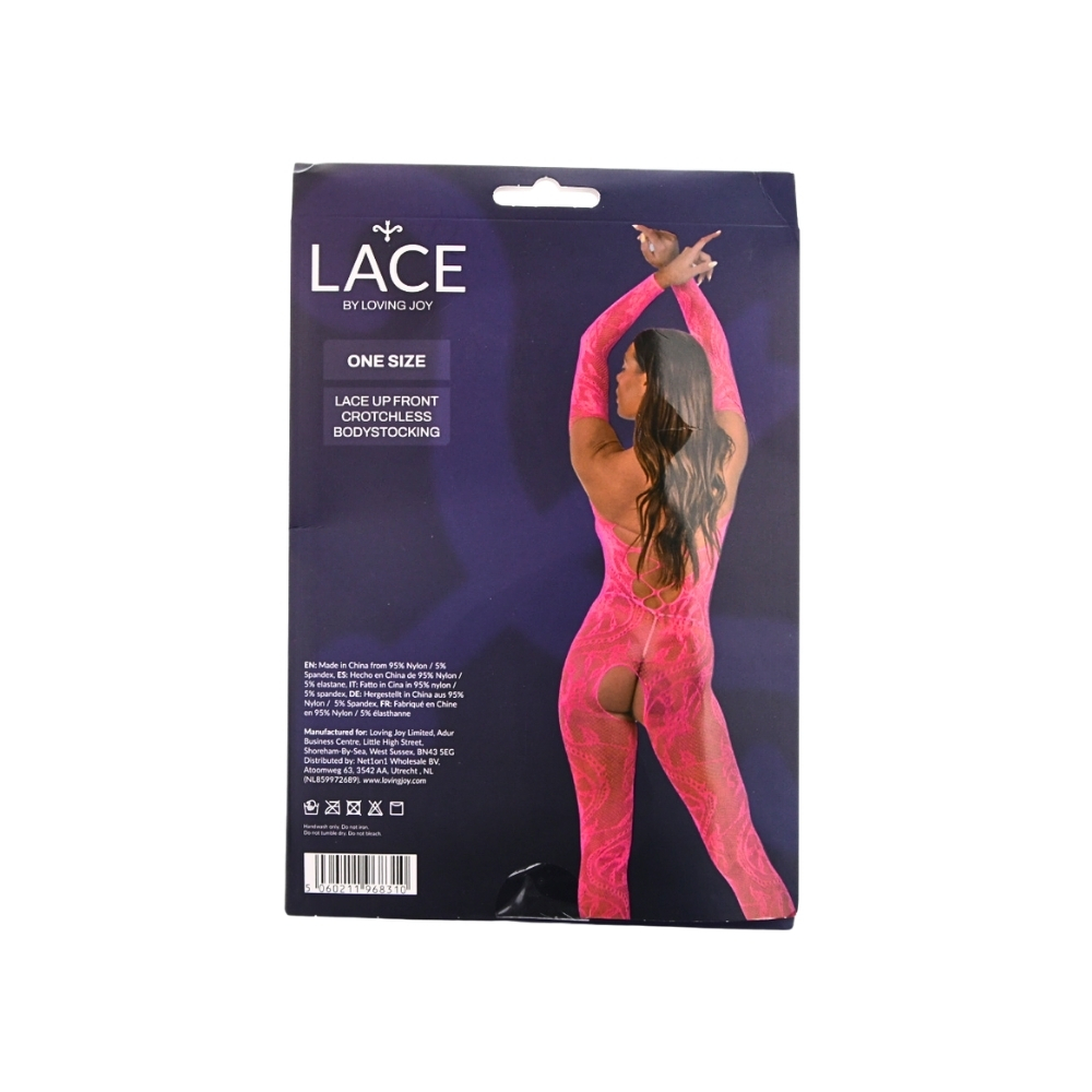 Lace by LJ Lace Up Front Crotchless Bodystocking Fuchsia - Image 6