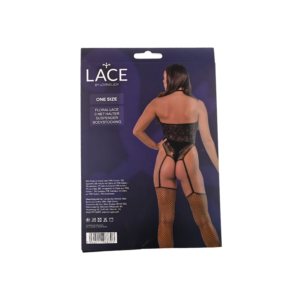 Lace by LJ Floral Lace & Net Halter Suspender Bodystocking Black - Image 6