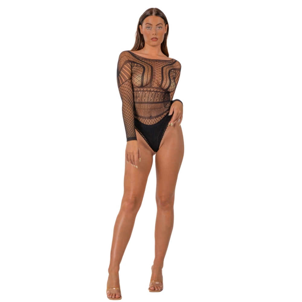 Lace by LJ Seamless Lace Long Sleeved Bodysuit Black - Image 2