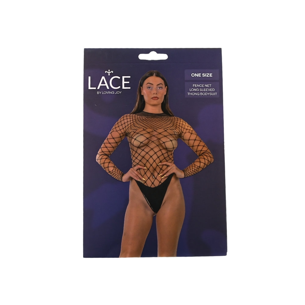 Lace by LJ Fence Net Long Sleeved Thong Bodysuit Black - Image 6