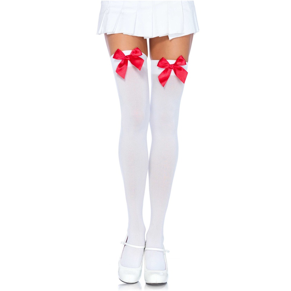 Leg Avenue Nylon Thigh Highs with Bow - Black - Image 2